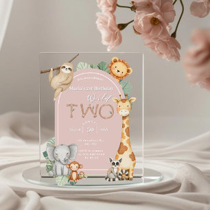 Pink Tropical Wild Two Jungle Safari Animals Acrylic Invitations