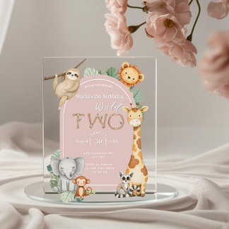 Pink Tropical Wild Two Jungle Safari Animals Acrylic Invitations