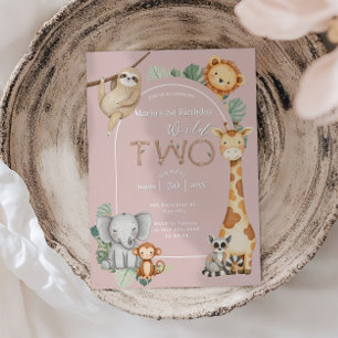Pink Tropical Wild Two Jungle Safari Animals  Invitation