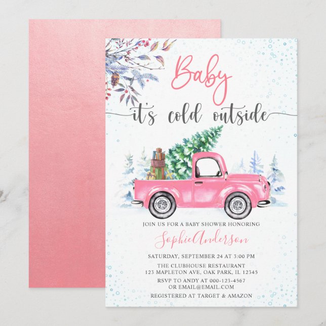 Pink Truck Baby It's Cold Outside Girl Baby Shower Invitation (Front/Back)