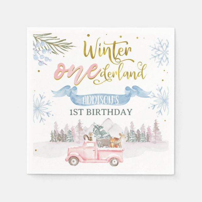 Pink Truck Banner Winter Onederland Birthday Napkin (Front)