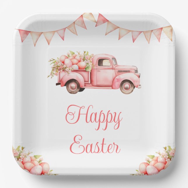 Pink Truck Easter Egg Hunt Paper Plate (Front)