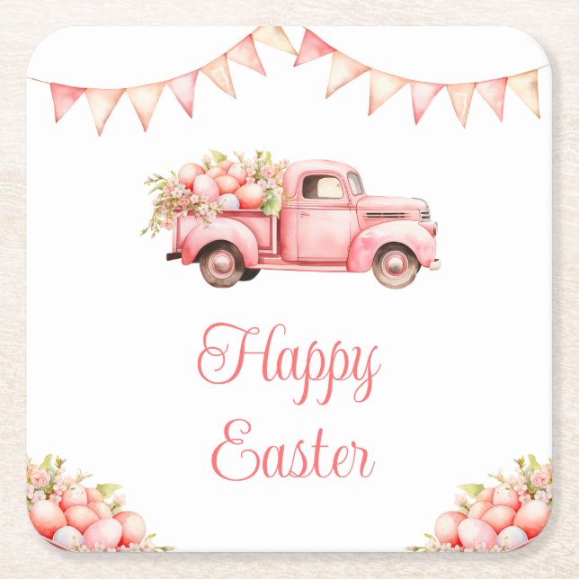Pink Truck Easter Egg Hunt Square Paper Coaster (Front)