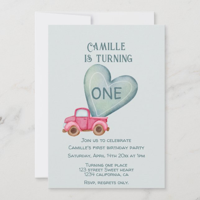  pink truck & heart birthday Invitation (Front)