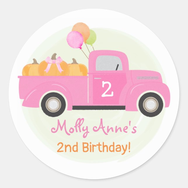 Pink Truck Pumpkins Balloons Fall Birthday Girl Classic Round Sticker (Front)