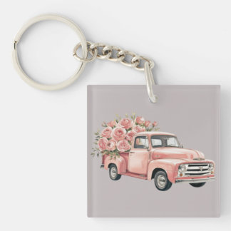 Pink Truck with Roses Key Ring