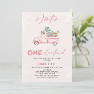 Pink Truck Woodland Winter Onederland 1st Birthday Invitation