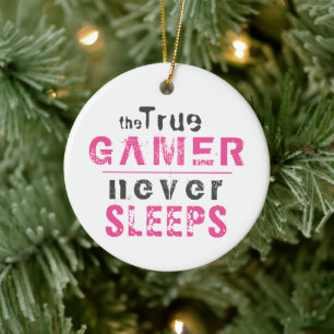 Pink True Gamer Never Sleeps Quote Girl Gamer Ceramic Tree Decoration