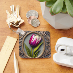 Pink Tulip Art Nouveau Design, Key Ring