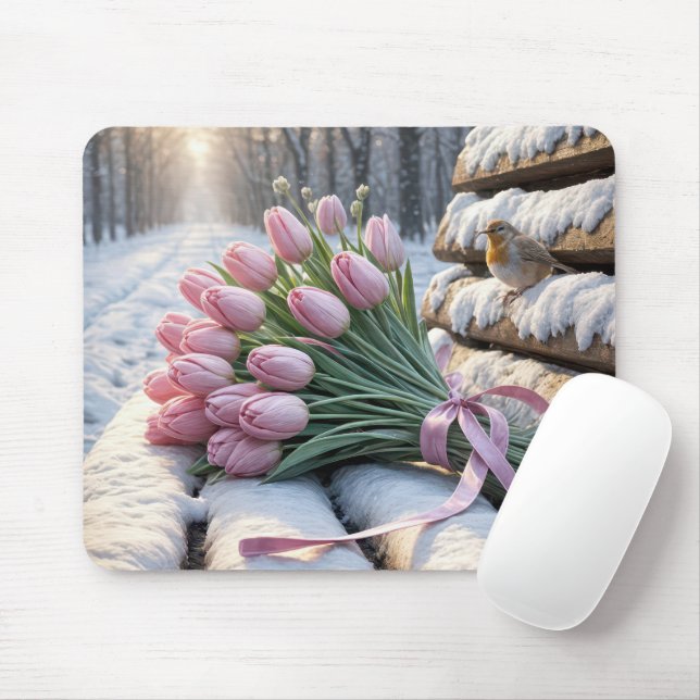 Pink Tulip Bouquet and Robin On a Snowy Bench Mouse Pad (With Mouse)
