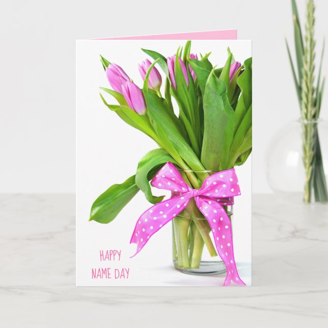 pink tulip bouquet with bow for Name Day Card (Front)