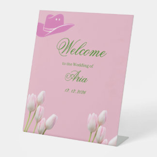 pink tulip Coastal Cowgirl Wedding welcome Pedestal Sign