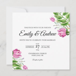 Pink Tulip Corner Floral Watercolor Square Wedding Invitation