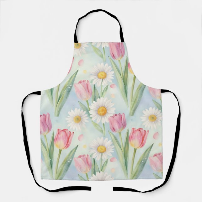 Pink Tulip Daisy Watercolor Spring Pattern Apron (Front)