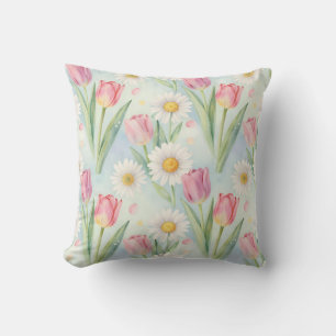 Pink Tulip Daisy Watercolor Spring Pattern Cushion