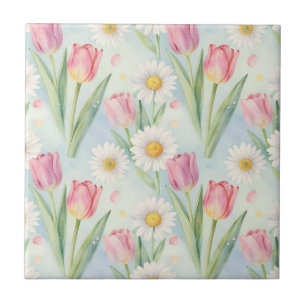 Pink Tulip Daisy Watercolor Spring Pattern Tile