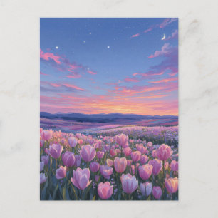 Pink Tulip Field Under Starry Crescent Moon Postcard