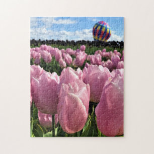 Pink Tulip Field with Hot Air Balloon, Oregon Jigsaw Puzzle