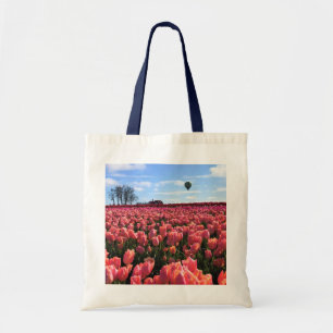 Pink Tulip Field with Hot Air Balloon, Oregon Tote Bag