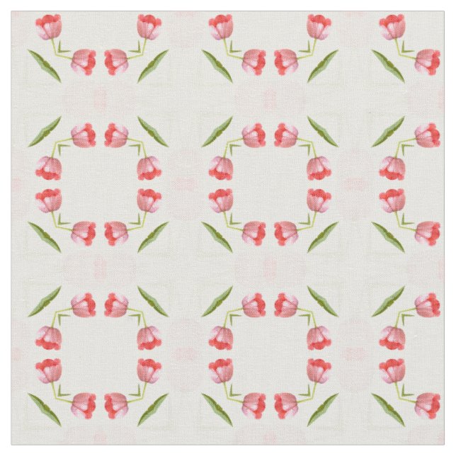 Pink Tulip Floral Geometric Kaleidoscope Pattern Fabric (Close Up)