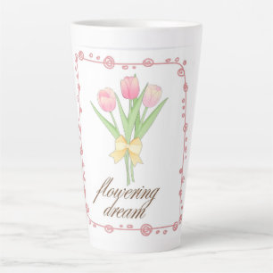Pink Tulip Floral Latte Mug, Cute Cottagecore Flow Mug