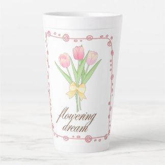 Pink Tulip Floral Latte Mug, Cute Cottagecore Flow Mug