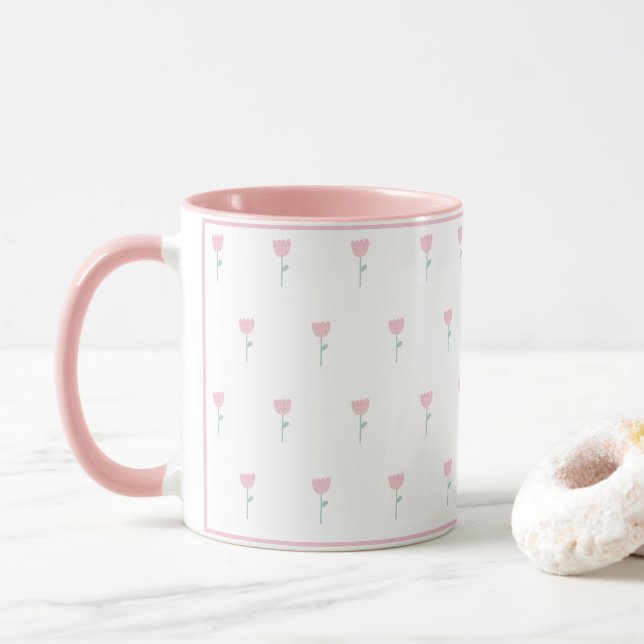 Pink Tulip Floral Minimalistic Simple Girly Cute Mug (With Donut)