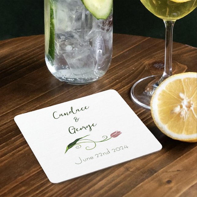 Pink Tulip Floral Square Paper Coaster (Creator Uploaded)