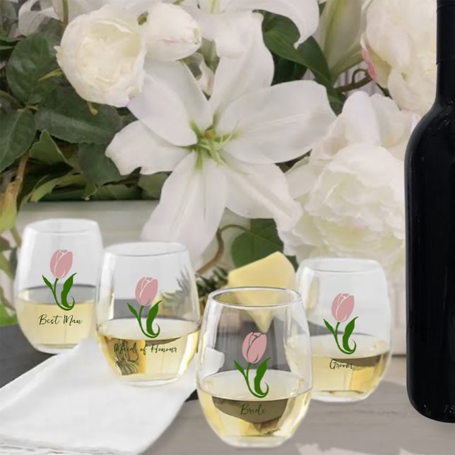 Pink Tulip Floral Stemless Wine Glass (Creator Uploaded)