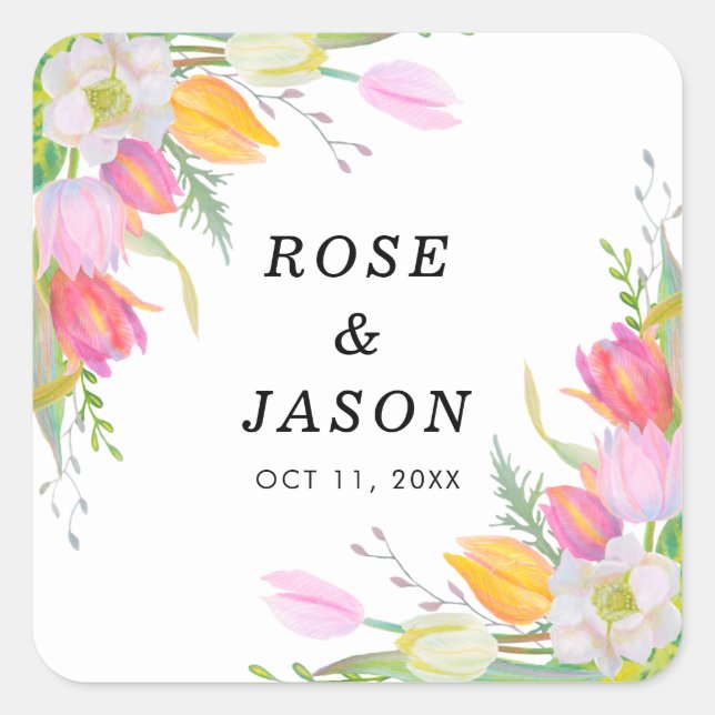 Pink Tulip Floral Wedding Sticker (Front)