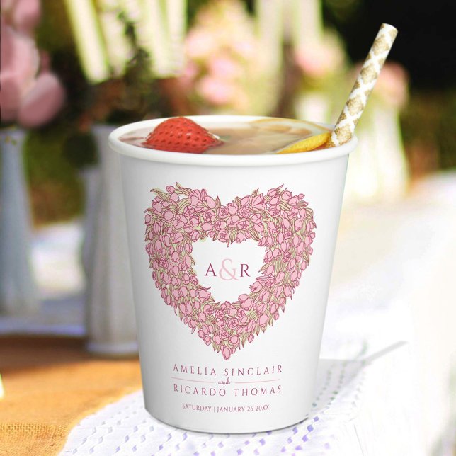 Pink tulip flower bouquet art monogram wedding paper cups (Creator Uploaded)