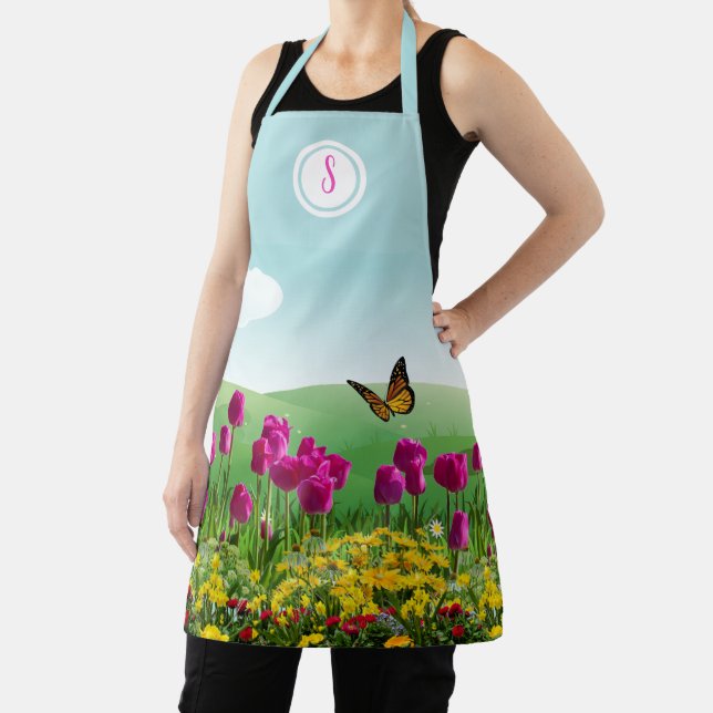 Pink Tulip Flower Garden Monogram  Apron (Insitu)