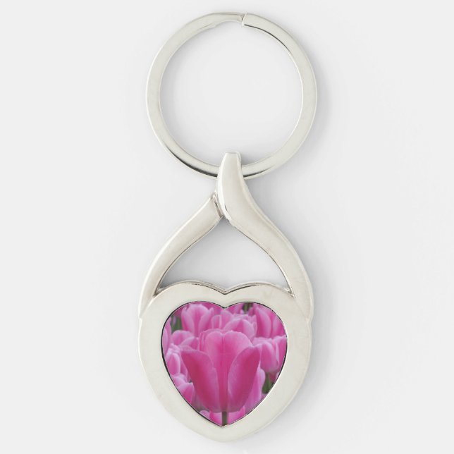 Pink Tulip Flower Heart Keychain (Front)