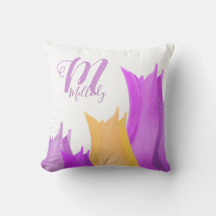 Pink Tulip Flower Monogram Name Floral Throw Pill Cushion
