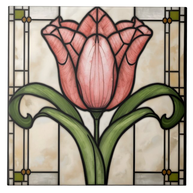 Pink Tulip Flower Stained Glass Art  Tile (Front)