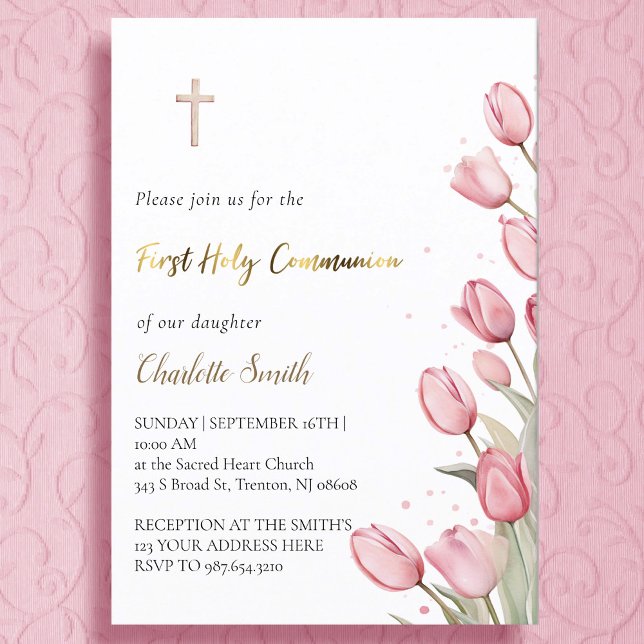 pink tulip flowers | First Communion girl  Invitation (Creator Uploaded)