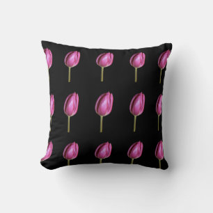 Pink Tulip Flowers Spring Floral Patterns Black Cushion