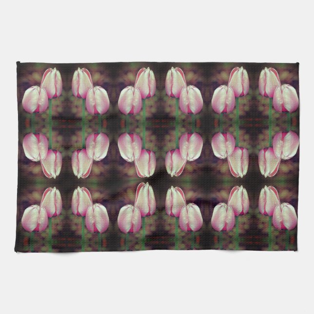 Pink Tulip Flowers With Raindrops Pattern Tea Towel (Horizontal)