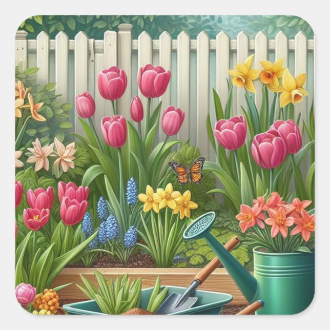 Pink Tulip Garden Floral  Square Sticker (Front)