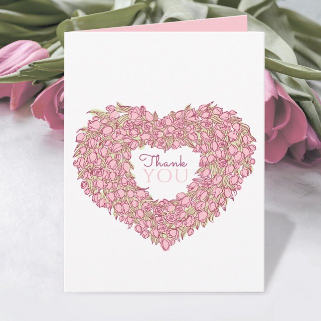 Pink tulip heart art thank you wedding photo card (Creator Uploaded)