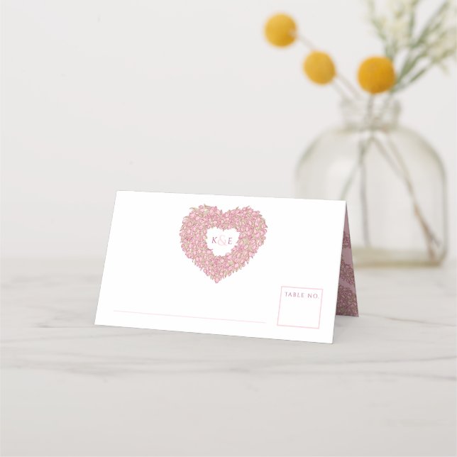 Pink tulip heart drawing monogram wedding place card (Front)