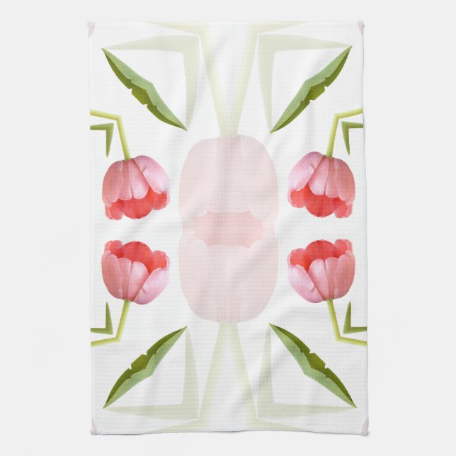 Pink Tulip Kaleidoscope Pattern Tea Towel (Vertical)