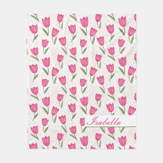 Pink tulip pattern personalised fleece blanket (Front)