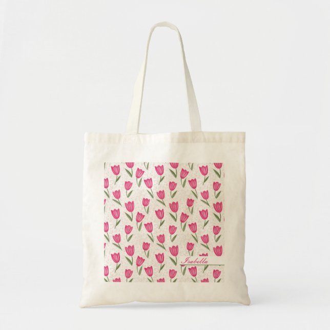 Pink tulip pattern personalised tote bag (Front)