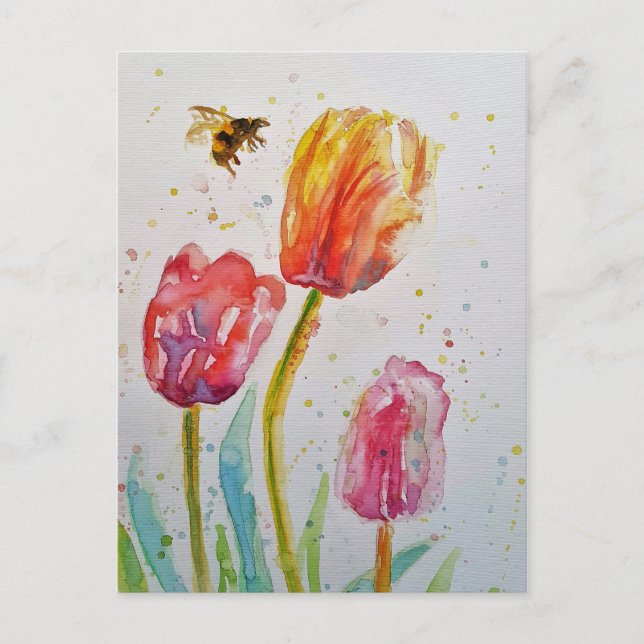 Pink Tulip Tulips Floral Watercolor art PostCard (Front)