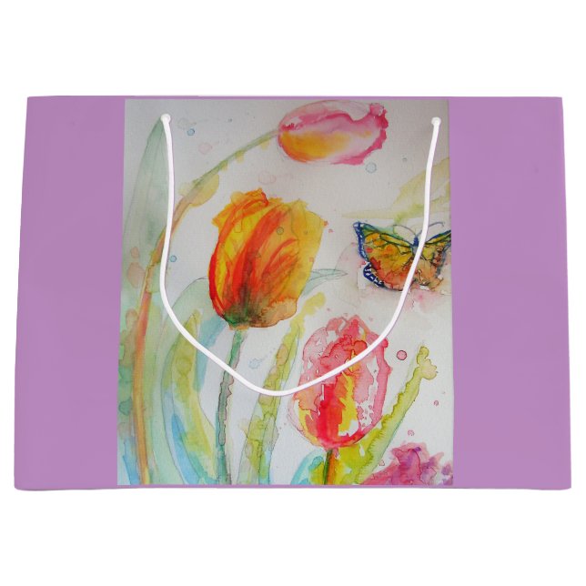Pink Tulip Tulips Floral Watercolor Gift Bag (Front)