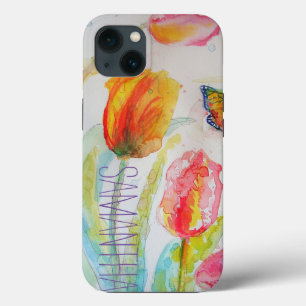 Pink Tulip Tulips Floral Watercolor Womans Name iPhone 13 Case