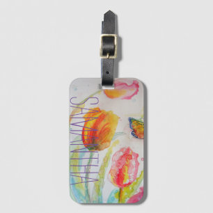 Pink Tulip Tulips Floral Watercolor Womans Name Luggage Tag