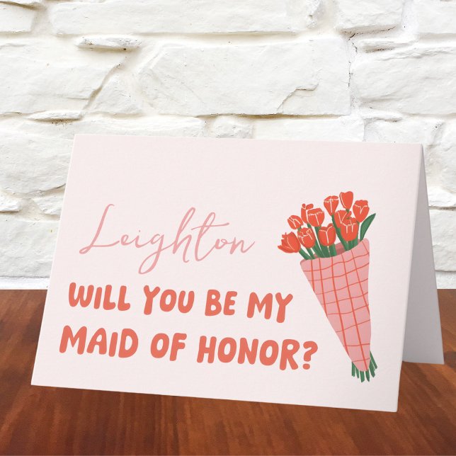 Pink Tulip Will You Be My Maid of Honour Proposal Card (Make your MOH proposal extra special with this chic, customizable floral card—cute and trendy!)
