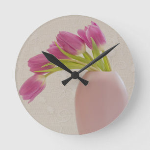 Pink Tulips And Lace Round Clock